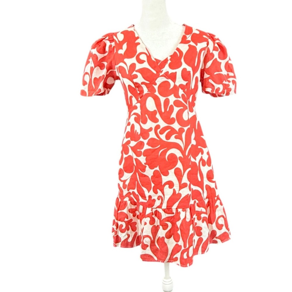 Rhode Mini Dress Women 2 Red White Linen Floral Puff Sleeve Ruffle Hem Coastal